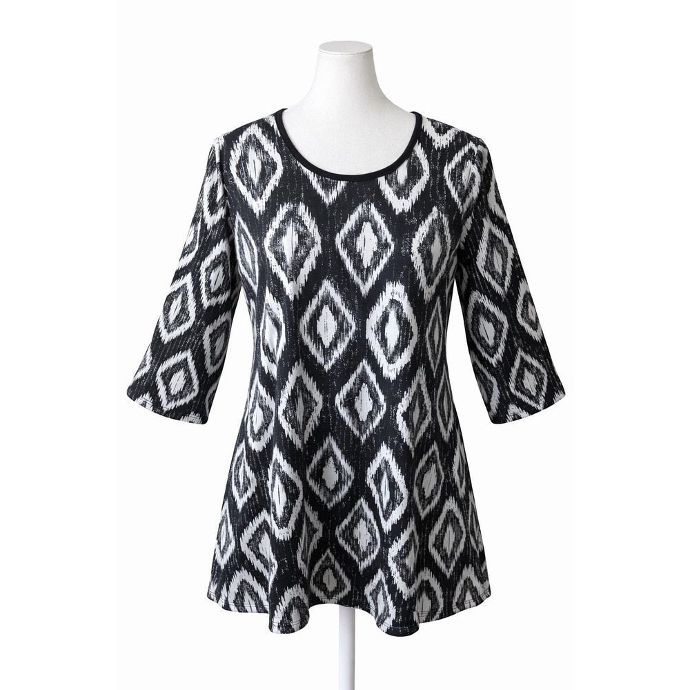 Ashley Blue‎ Womens  Blouse Tunic Black White rhombus print Scoop Neck Size M
